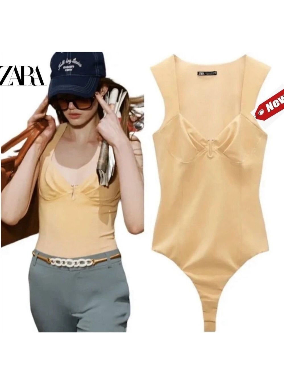 Zara yellow sleeveless sweetheart neckline metal detail bodysuit NWT